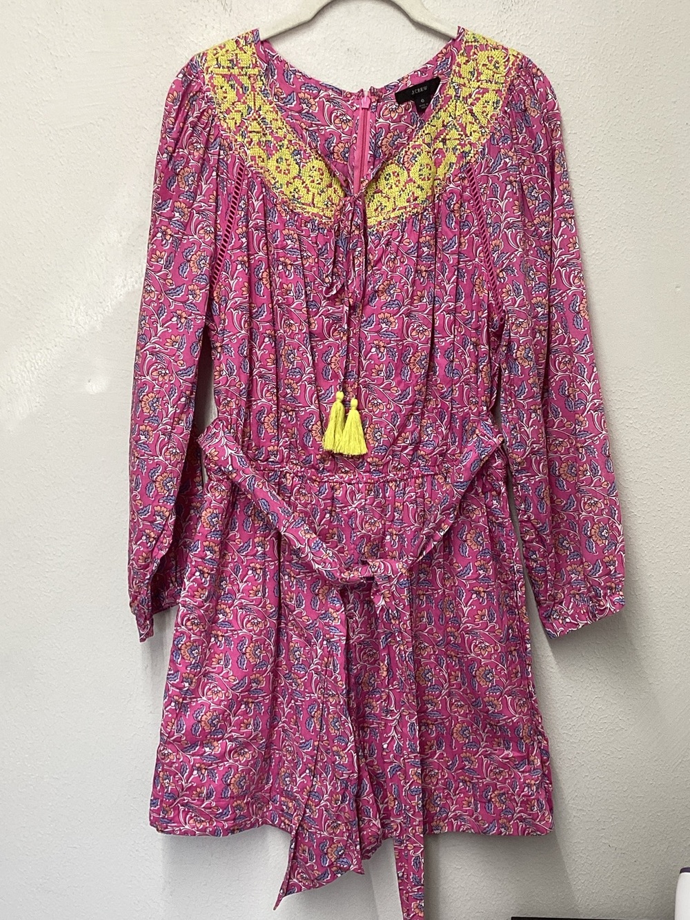 J. Crew Hot Pink Paisley romper with Yellow Crochet Detail